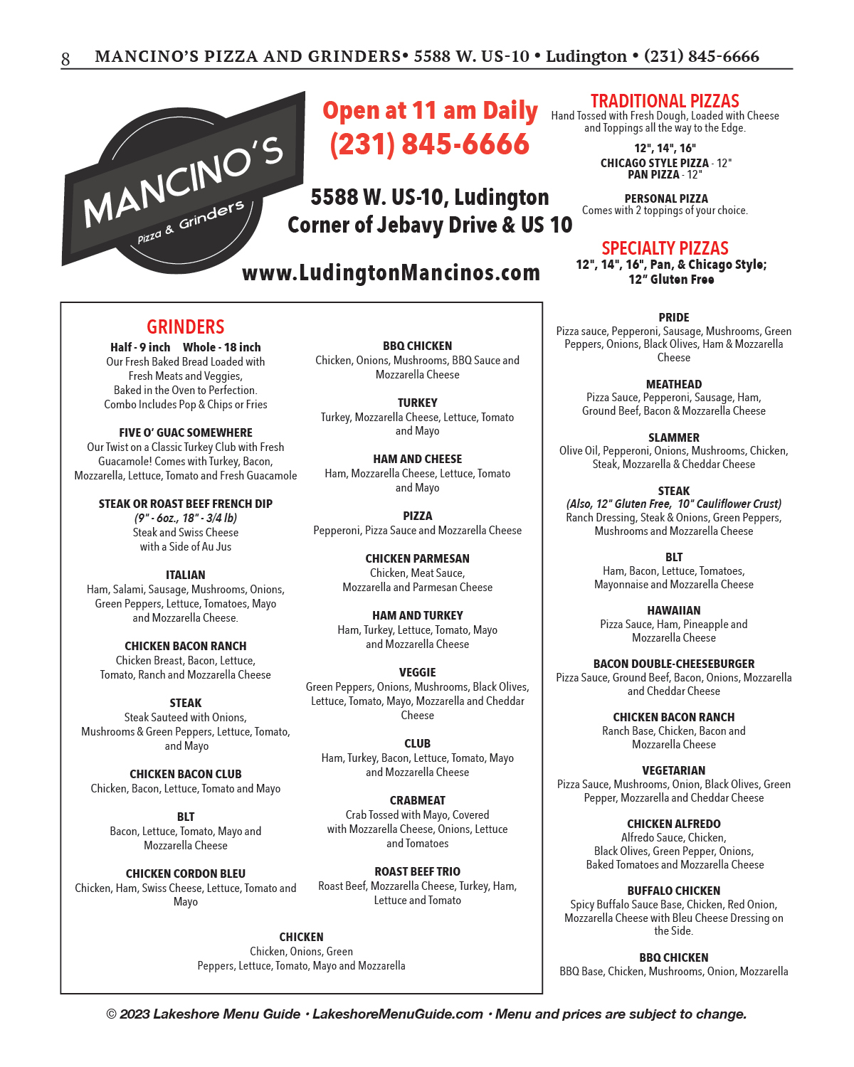 Menu for Mancinos Pizza and Grinders in Ludington from the Lakeshore Menu Guide