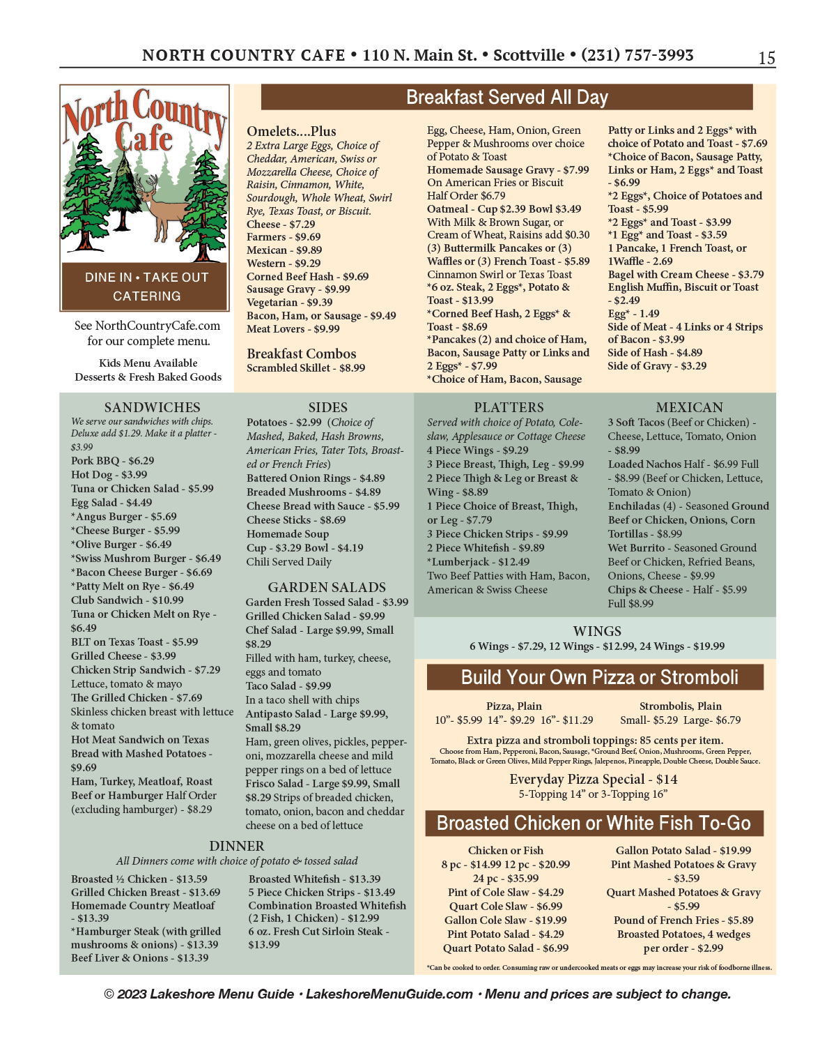 Menu for North Country Cafe in downtown Scottville from the Lakeshore Menu Guide