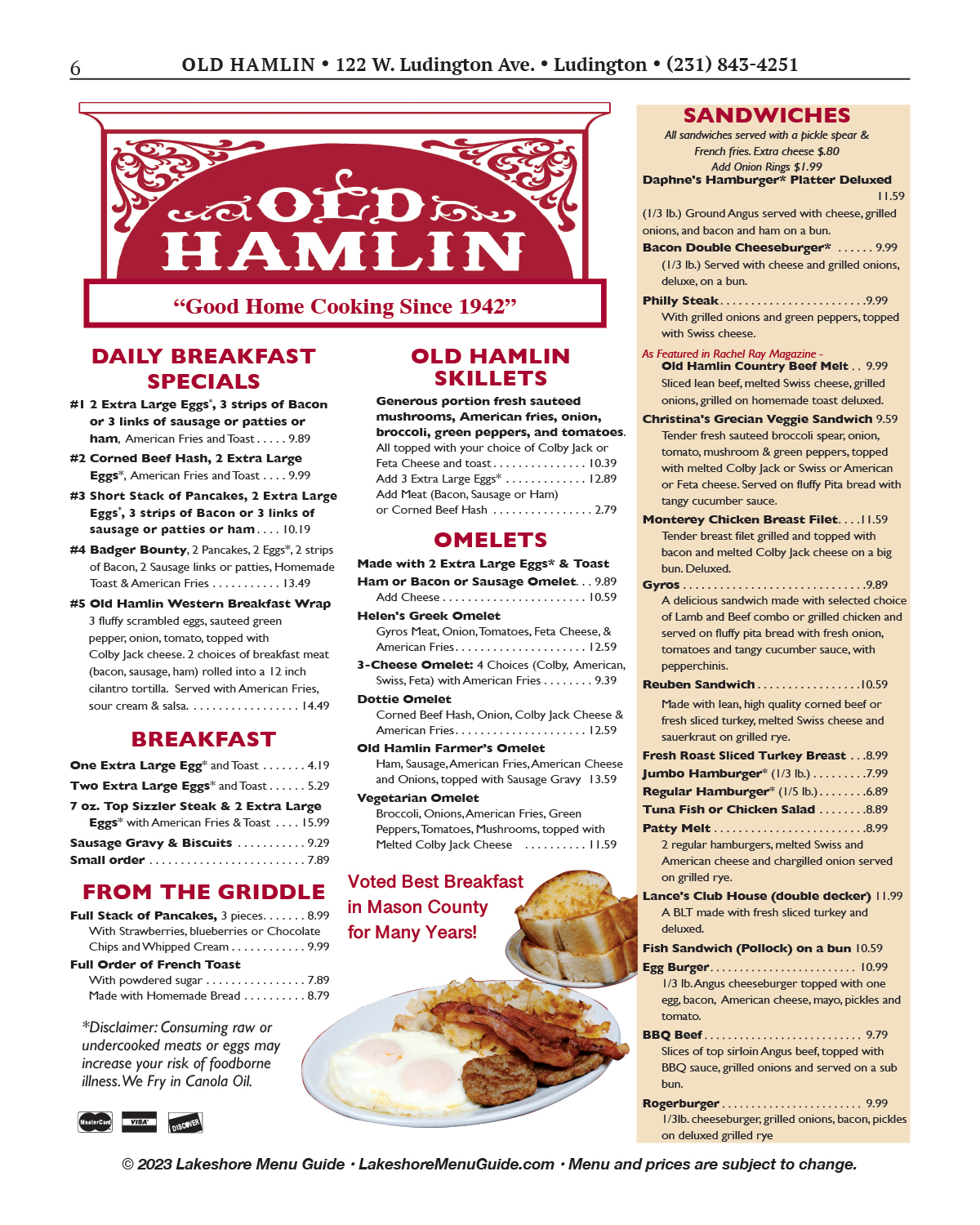 Menu for the Old Hamlin Restaurant in downtown Ludington from the Lakeshore Menu Guide