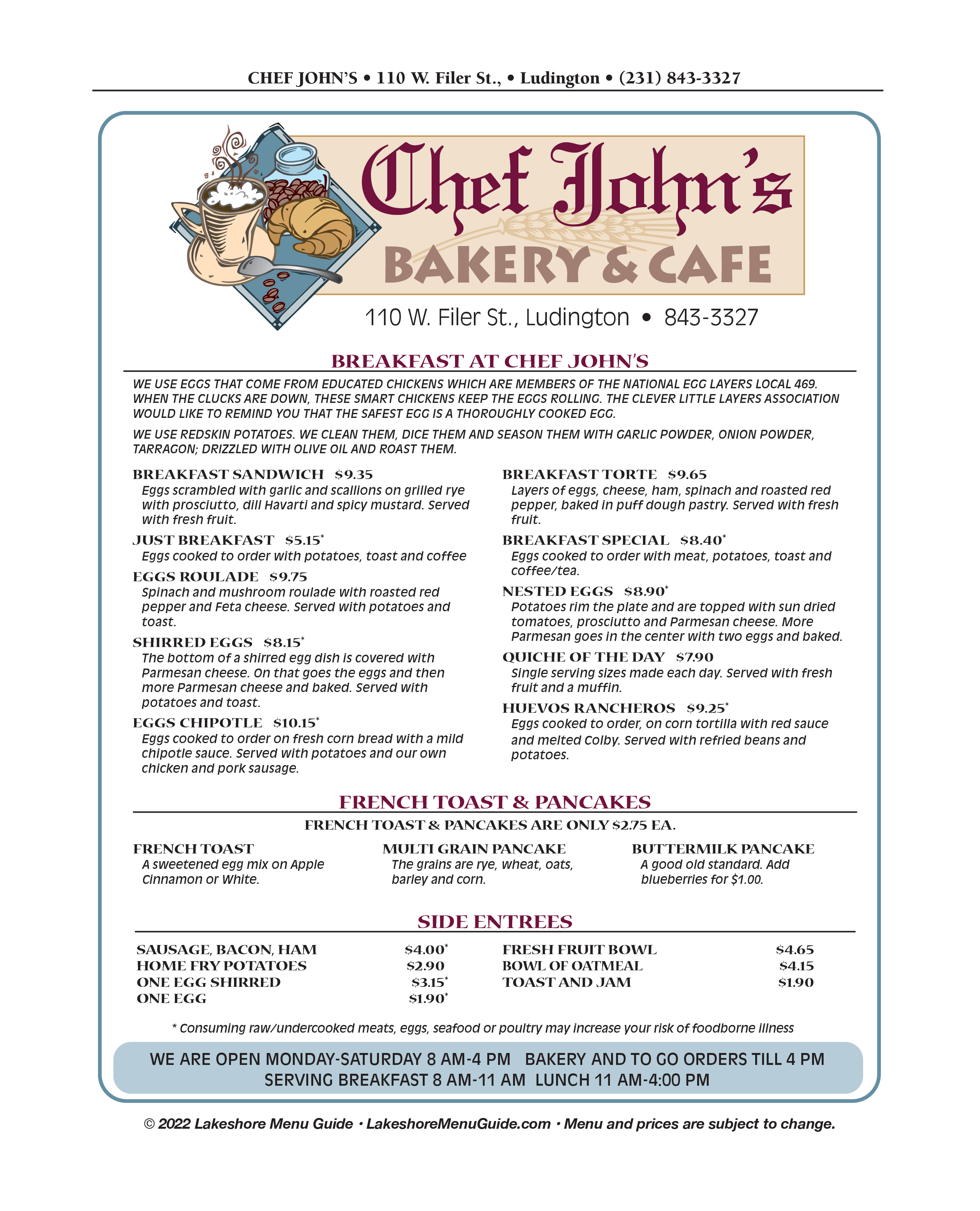 Menu for Chef John's Bakery and Cafe in downtown Ludington from the Lakeshore Menu Guide