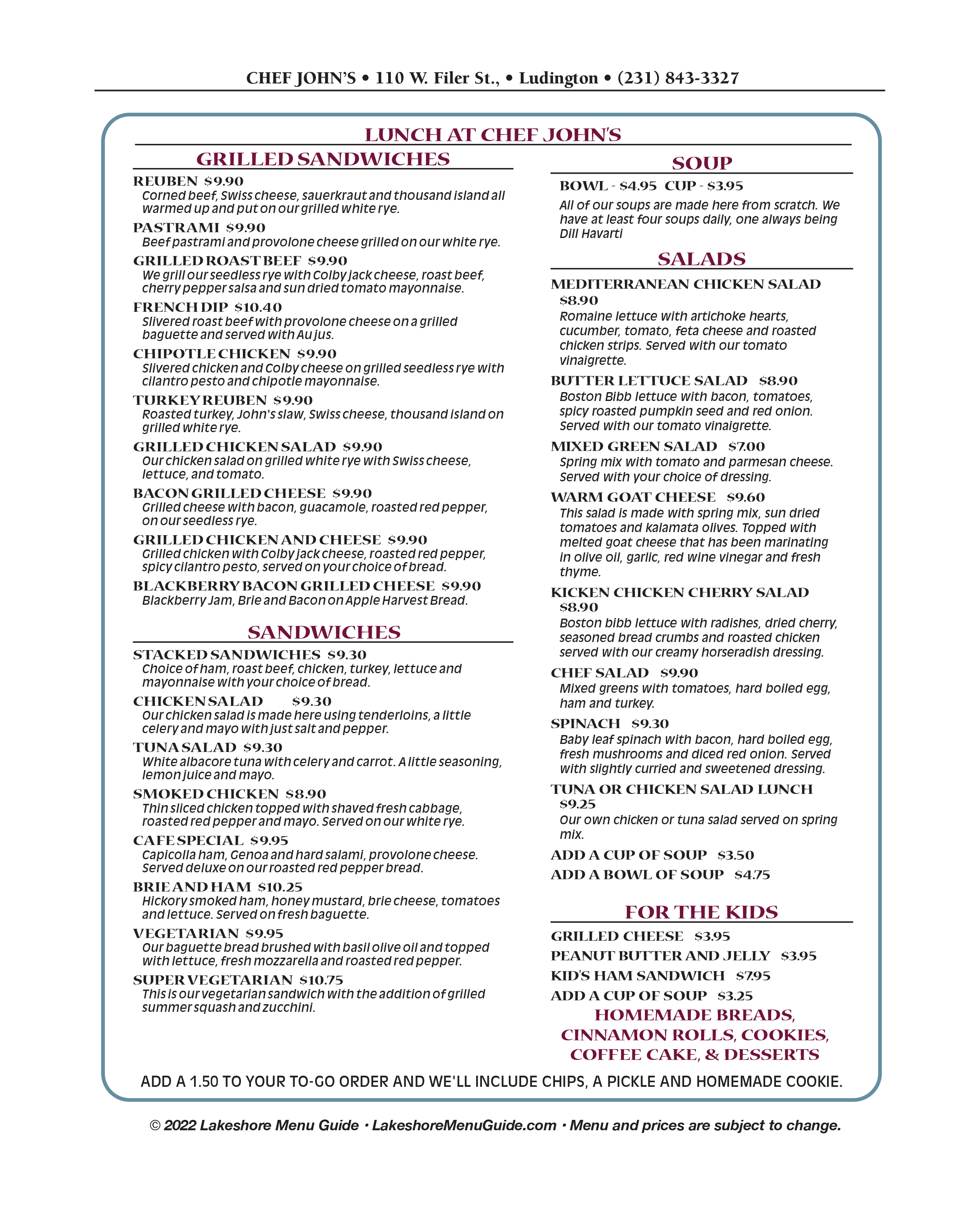 Menu for Chef Johns Cafe and Bakery in downtown Ludington from the Lakeshore Menu Guide