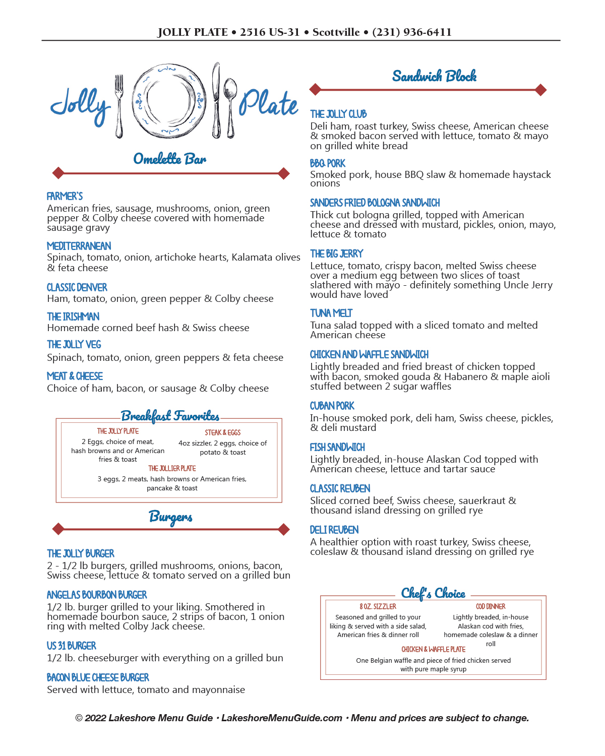 Menu for Jolly Plate in Scottville from the Lakeshore Menu Guide