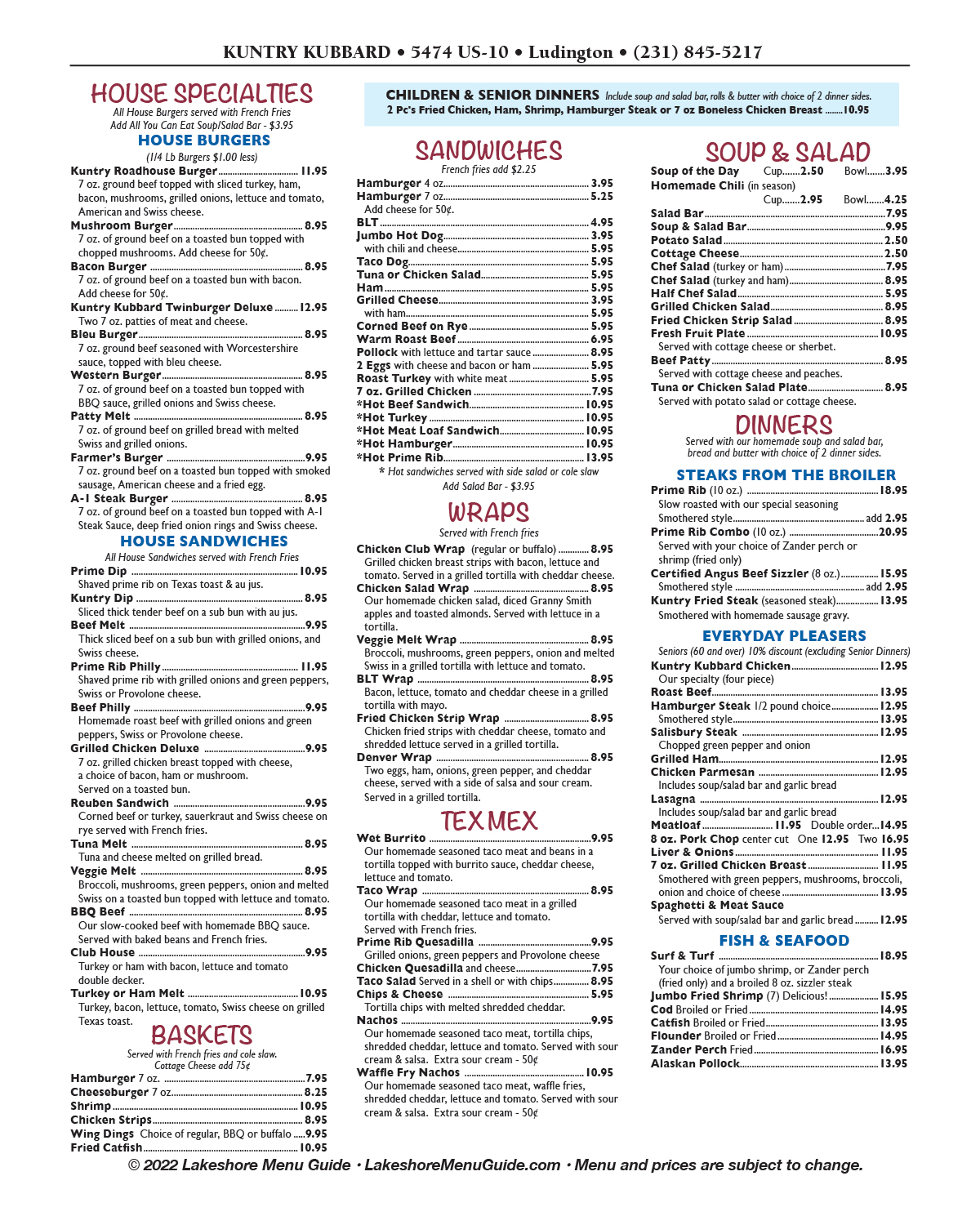 Menu for Kuntry Kubbard in downtown Ludington from the Lakeshore Menu Guide