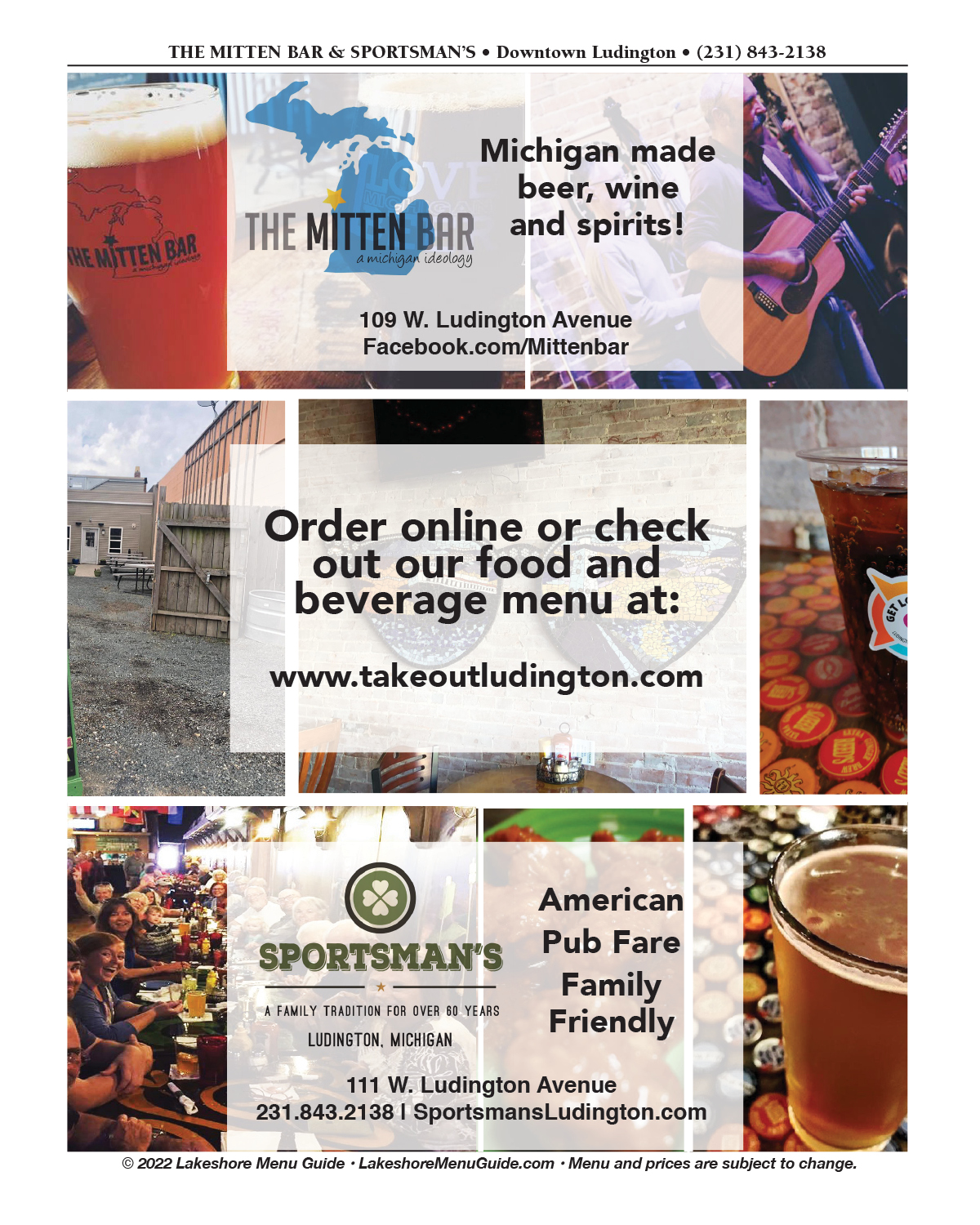 Menu for Sportsmans Irish Pub and The Mitten in downtown Ludington from the Lakeshore Menu Guide