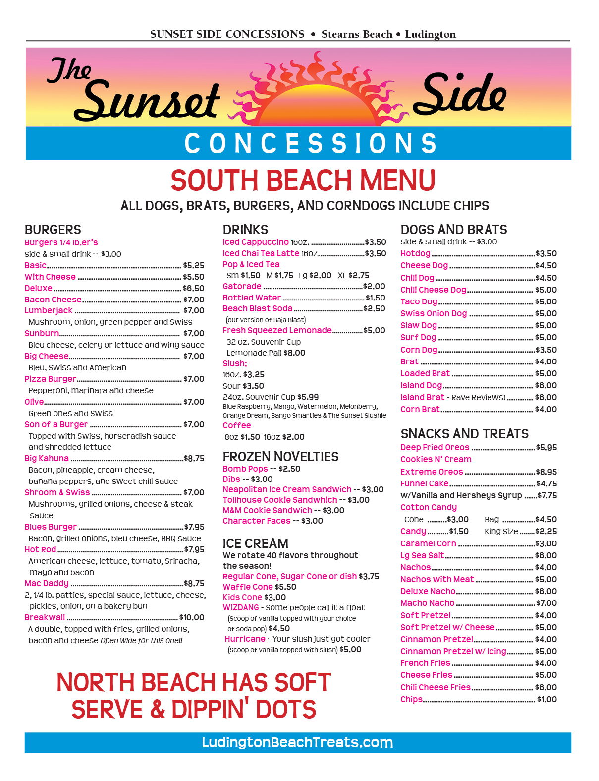 Menu for Sunset Side Concessions at Stearns Park Beach in Ludington from the Lakeshore Menu Guide