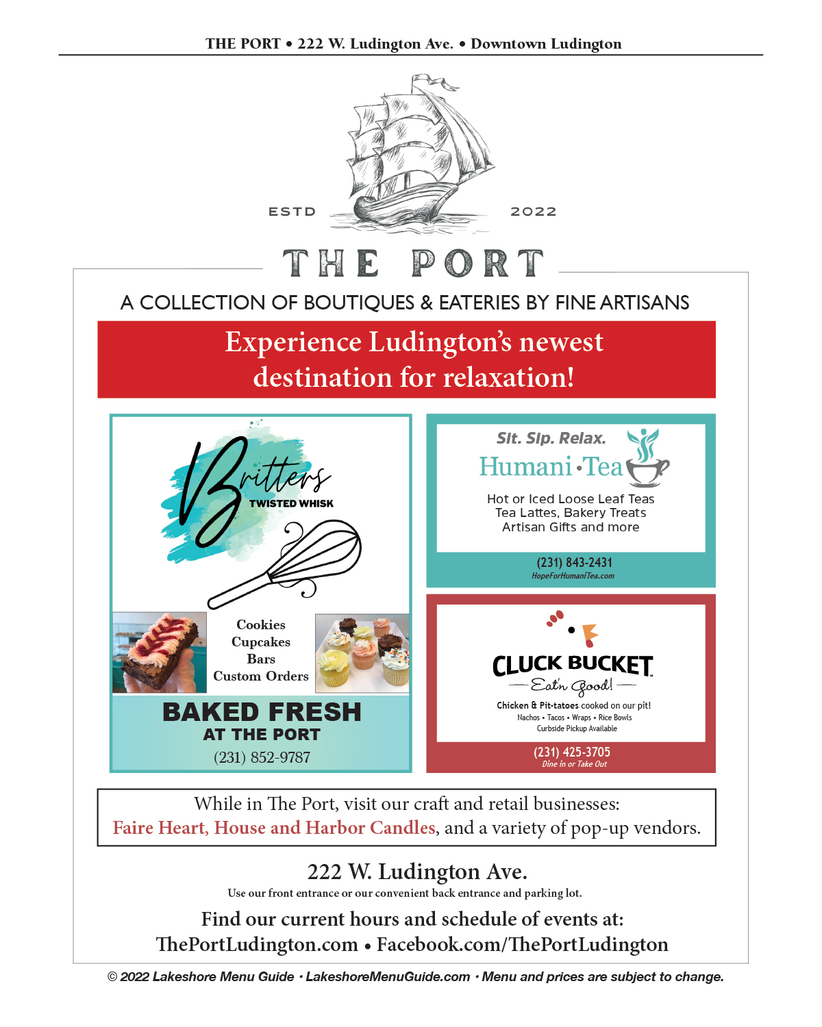 Menu for The Port in downtown Ludington from the Lakeshore Menu Guide