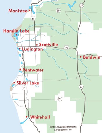 map to west michigan including Manistee, Hamlin Lake, Scottville, Ludington, Baldwin, Silver Lake, Pentwater